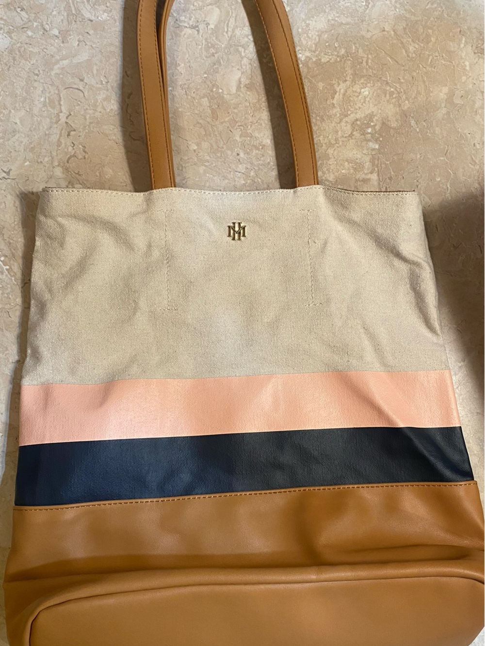 Canvas Colorblock Tote in Cream, Blush, Navy & Tan